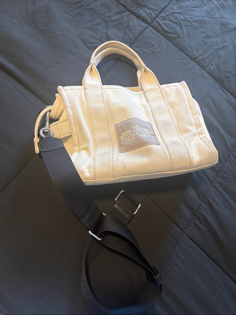 Marc Jacobs Cream Canvas Crossbody Tote with Black Strap